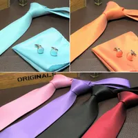 Neck Tie Cuff Länkar Handkerchief Set 15 Färger Mäns Slips 145 * 8cm Solid Färg Slips för fars dag Business Tie Present