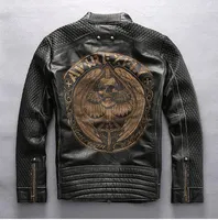 AVIREXFLY Dark back laser bordado padrão crânio magro motocicleta casacos jaqueta de couro genuíno dos homens DHL freeshipping