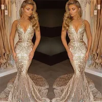 2020 인어 아프리카 럭셔리 골드 댄스 파티 드레스 V 목 섹시한 이브닝 가운 Vestidos 특별한 드레스 저녁 착용 BA4582
