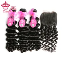 Queen Hair Mer Wave 1pc Lace Closure med 3pcs bunt, 4pcs / lot brasilianska jungfruliga hårförlängningar 10 "-28" DHL-frakt