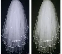 Tres capas de borde de la cinta velo de novia con perlas Peine de color blanco marfil corto 3 capas de velo de novia 2017