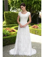 Land Modest Bröllopsklänningar med Cap Sleeves Champagne Boho Bridal Gowns Brides 'Outdoor Formal Dress Beach Wedding Custom Made
