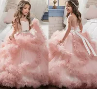 Unique Designer Blush Pink Flower Girls Dresses 2017 Ball Gowns Cascading Ruffles Long Pageant Gowns for Little Girl MC1290