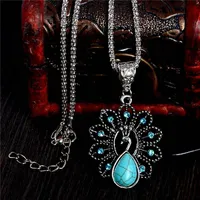 Elegante azul turquesa pavão colares naturais pedra austríaca cristal pingente colar vintage bijoux femme