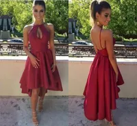 Sexy escuro vermelho alto baixo curto vestidos de coquetel 2017 keyhole sem mangas comprimento de chá sem costas celebridade vestidos de noite de baile