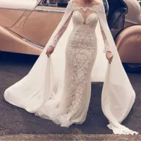 Elegant Long Sleeves Wedding Dress With Wrap Sheer Jewel Neckline Lace Applique Tulle Mermaid Wedding Gowns 2017 Stylish Sexy Bridal Dresses