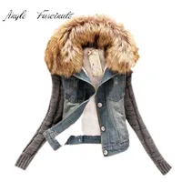 Wholesale- Casaco Feminino Winter Dames Mode Denim Jas Moveable Furs Collar Wol Jas Bomber Jacket Jean Vrouwen Basic Jassen