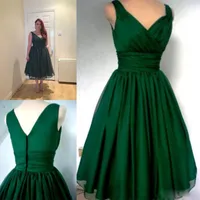 Emerald Green 1950s Cocktail Party Dress Vintage Tea Length Plus Size Chiffon Elegant Ruched V-neck Straps Real Photo Short Prom Gowns