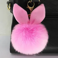 100pcs/lot DHL Free Shipping New Design Doll Genuine Rabbit Ear Shape Fur ball Plush Key Chains Car Keychain Bag Pendant Fashion Accessories