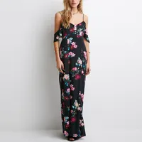 Kapalı Omuz V Yaka Yaz Elbise Moda Kolsuz Şifon Kadınlar Maxi Elbise Retro Çiçek Baskı Akşam Uzun Parti Elbise