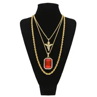 Set di gioielli hip hop da uomo 30 "Long Rope Chain Iced Out con strass in cristallo con pendente quadrato in cristallo rosso 3 pezzi