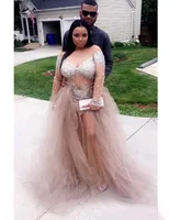 Sexy See Through Prom Dresses 2019 Plus Size Champagne Tulle Bling Bling Beading Crystals Evening Gowns With Long Sleeves