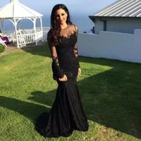 Eleganta klänningar Afrikanska Sheer Jewel Neck Lace Appliques Illusion Långärmad Aftonklänning Mermaid Prom Party Gowns Pageant Wear