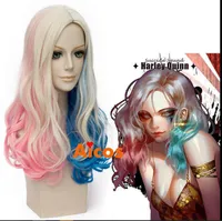 100% Nueva Imagen de Moda de Alta calidad pelucas llenas del cordón Peluca de onda larga para Batman Suicide Squad Harley Quinn Cosplay peluca rubia azul rosa