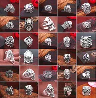 Top Gothic Punk Assorted Skull Sports Bikers Women&#039;s Men&#039;s Vintage Antique Silver Skeleton Jewelry Ring 50pcs Lots Wholesale