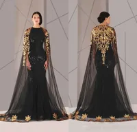 Heißer verkauf 2019 arabisch formale festzug abendkleider mit mantel gold spitze plus size schwarz pailletten vestidos de novia prom anlass kleid billig