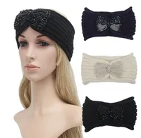 Nuevas mujeres joyería de moda beads bowknot Sparkle de punto diademas knit headwrap sombreros Ladies Warm ear warmers 3 color