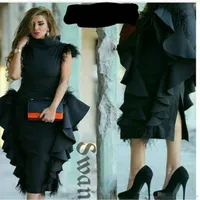 2019 High Neck Feather On Shoulder Evening Dresses Ruffles Black Peplum Tea Length Formal Arabic Prom Party Dresses Custom Made
