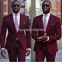 Wholesale- 2017  New Groomsmen Peaked Lapel Groom Tuxedos Burgundy Men Suits For Wedding Party Best Man Blazer (Jacket+Pants+Tie)