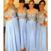 2017 Niebo Niebieski Sheer Druhna Sukienki Szyfon Appliqued A-Line Długie Brides Pokojów Suknie Dla Kobiet Druhna Tanie Cena Darmowa Wysyłka