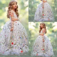 Muhteşem Nakış Kızlar Pageant Törenlerinde Beyaz Balo Sheer Uzun Kollu Çiçek Kız Elbise Düğün Organze Çocuk Parti Elbise Için