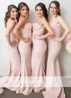 New Arrival 2017 Spaghettis Straps Pink Mermaid Bridesmaid Dresses 3D Floral Appliques Lace Maid of Honor Gowns Cheap Floor Length