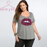 Wholesale- Sequin tshirt women 5XL 6XL Plus Size 2015 Summer Bust Red Lips Fashion Women Clothing cheap-clothes-china O-Neck woman cloth