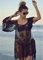 Vestido de crochet de encaje de la playa de verano para mujeres Vestidos de tweps de cañón negro de cuello negro para vacaciones para vacaciones