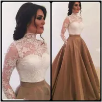 2020 stilvolle Saudi-Arabien High Neck Langarm Abendkleider White Top Lace Mit Gold Rock Ballkleid Abendkleider Special Occasion Dress