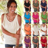 Rahat Tişörtleri Yaz Kadın Kısa Kollu Gevşek Şeker Renk Batwing Kısa Kollu Açık Soğuk Omuz Üst Moda Giyim Tees