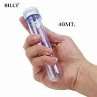 Tubos de prueba de plástico transparente de 40 ml con tapones de aluminio para tornillos, recipientes de sal de baño, botella de empaquetado cosmética de 142 * 24 mm con sello sensible a la presión