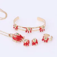 Gold color Enamel Crystal Elephant Necklace Bangle Bracelet Ring Set For Children Kids Costume Jewelry Sets