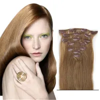 16-22 inch 7 stks stijlvolle rechte clip in Indiase menselijke hair extensions 70g 80g # 12 clip in haarlamp bruin haar