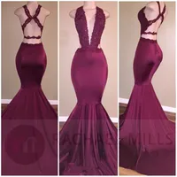 Seksowna Plunging V Neck Burgundia Mermaid Prom Dresses 2019 Koronkowe aplikacje Ruched Backless Długa Speical Okazje Suknie Tanie Długa Suknia