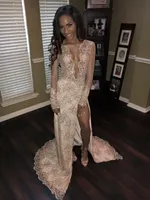2017 Africs Sexy Sparkly Szampana Prom Dresses Długie Rękawy Głębokie V-Neck Side Split Evening Suknia Zroszony Koronki Aplikacje Celebrity Dress Ba4273