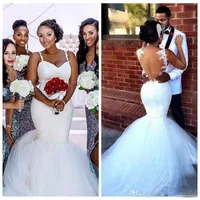 African Mermaid Ivory Lace Wedding Dresses Illusion Back Lace Applique Bridal Gowns Tulle Puffy Train Garden Church Wedding Gown