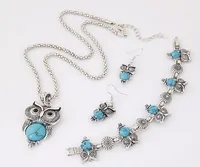 DHL Jewelry Sets Tibet Silver Vintage Turquoise Owl Pendant Necklace Charms Earring Bracelet Jewelry Set for Women Christmas Decorations