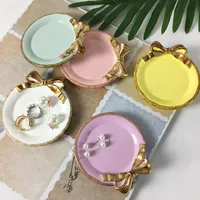 11*10CM Lovely Golden Bowknot Resin Tray Table Decoration Dish Cake Plate Dessert Coffee Cup Holder Party Wedding Ornament ZA3449