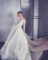 Sliver Luxury Wedding Dresses Sexy Sheer Bridal Gowns With Long Sleeves Full Bead Detachable Train Dress For Wedding