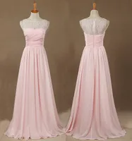 Roze A-Lijn / Prinses Vloer-lengte Chiffon Kant Bruidsmeisjes Jurk Mouwloze Juweel Hals Kijk door Back Prom Dress Echte foto's