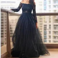Charming Black Lace Prom Dresses 2019 Party Gowns Formal Evening Dresses A-Line Black Party Dress Off Shoulder Long Sleeve Tutu Tulle Skirt