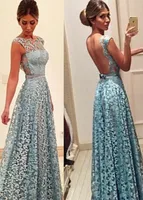 Vintage Lace Evening Dresses 2017 Backless med Bow Sash Ice Blue Robe de Soiree Sexy Prom Party Gowns med Appliques Custom