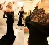 블랙 레이스 댄스 파티 드레스 긴 소매와 함께 이브닝 가운 아랍어 두바이 여성 착용 곡선 숄더 인어 공식 드레스