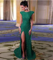 2017 Verde esmeralda largo sirena vestidos de noche Corte lateral Vestidos de gala bateau Cuello trasero Cremallera Vestidos formales Vestidos baratos de Pagenat Ventas calientes