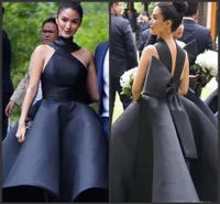 2019 cheap black halter high collar satin ankle-length A-line evening dress sepcial design of back big bow ruffle sexy graduation dress