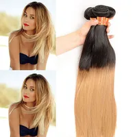 Brasilianska Ombre Straight Blonde Human Hair 4 Bundles Two Tone 1B / 27 Virgin Hair Weave Billiga Ombre Honey Blonde Human Hair Extensions
