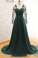 Elegant Long Sleeve Dark Green Evening Dress Chiffon Long With Appliques Prom Dress vestidos de noche largos rosa