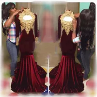 화려한 인어 공주 댄스 파티 드레스 2017 높은 목 섹시한 긴팔 골드 Appliqued 등이없는 아프리카 벨벳 댄스 파티 드레스 Vestidos