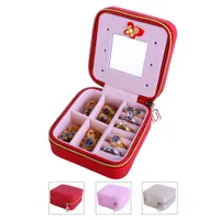 Frauen Tragbare Square PU-Leder Schmuck Boxen Hüllen Schmuck Organizer mit Spiegel (Rot, Rosa und Silber)