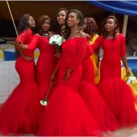 Hot South Africa Style Nigerian Lace Bridesmaid Dresses 2019 Plus Storlek Mermaid Maid of Honor Gowns för bröllop Lace Up Red Tulle Gown